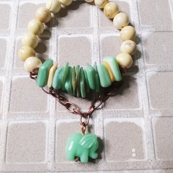 Love Elephants??? Petite Wrists! Yellow Howlite + Green Shells + Elephant Charm! - Picture 2 of 7